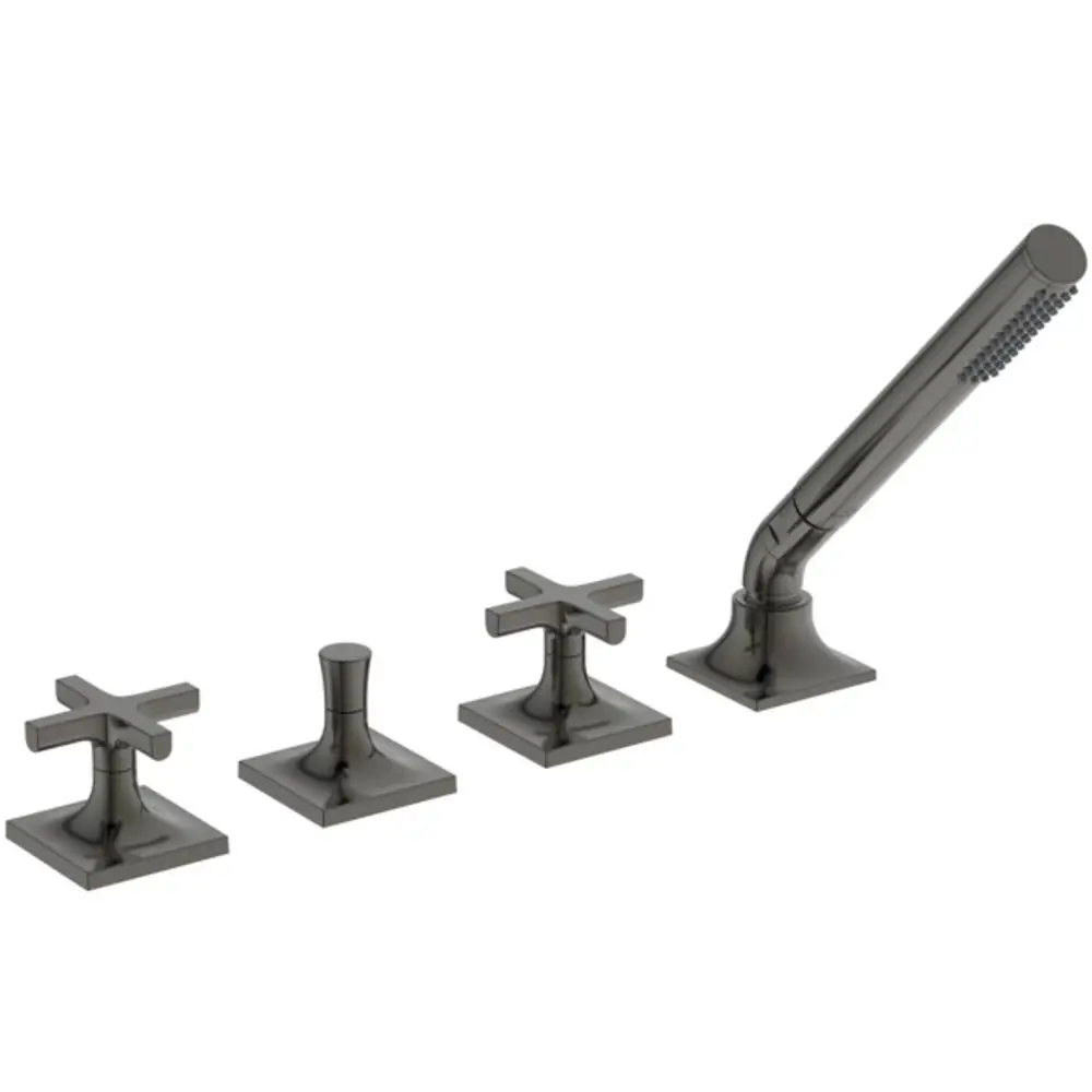 Vierteilige Badarmatur mit Kreuzgriffen in der Farbe Magnetic Grey, von Ideal Standard, geeignet für den Wannenrand. Enthält einen Handbrauseauslauf und zwei Temperaturregler.